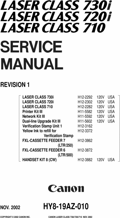 Product picture Canon Laser Class 710/730i/720i service and parts manual